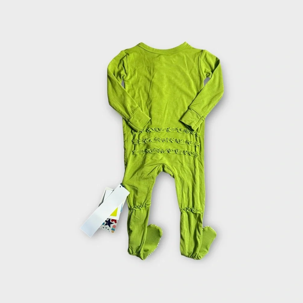 Kickee Pants Solid Muffin Ruffle Green Bamboo Footie With Snaps